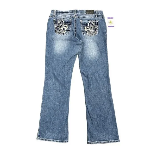 Soundgirl Jeans Juniors 17 Blue Bootcut Studs Bling Thick Stitch Fluer De Lis - Picture 3 of 16